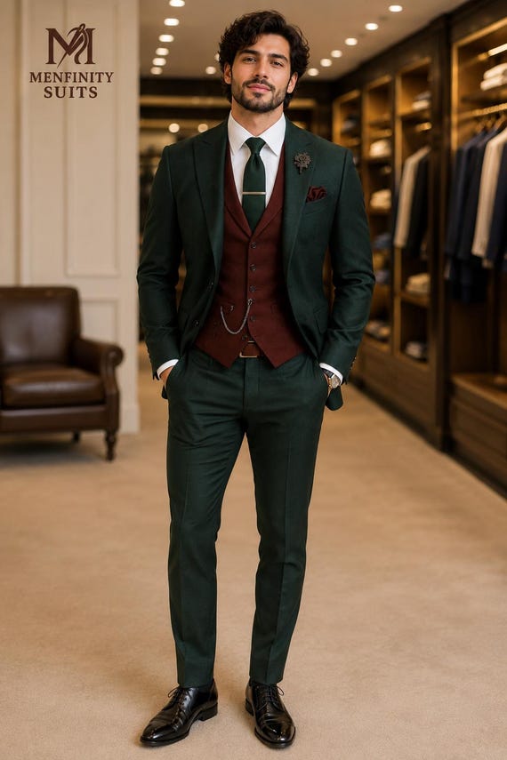 Classic Emerald Green & Burgundy 3-piece Suit | Custom Tailored Wedding Outfit