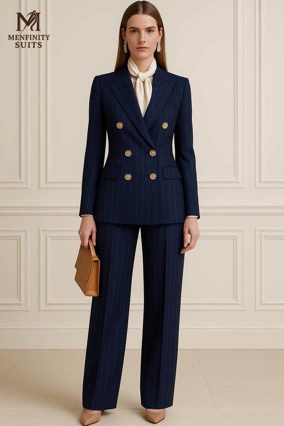 ladies navy dress trousers Women's Blue Pinstripe Suit - Double-breasted Blazer, Wide-leg Classic Business Formal Tailoring elegant navy blue pants outfit
