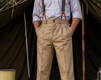 Vintage 1930s Inspired High-Waisted Men’s Trousers | Pleated Gurkha Style Pants | Retro Wide Leg Suspender Pants | Old Money Gentleman Style