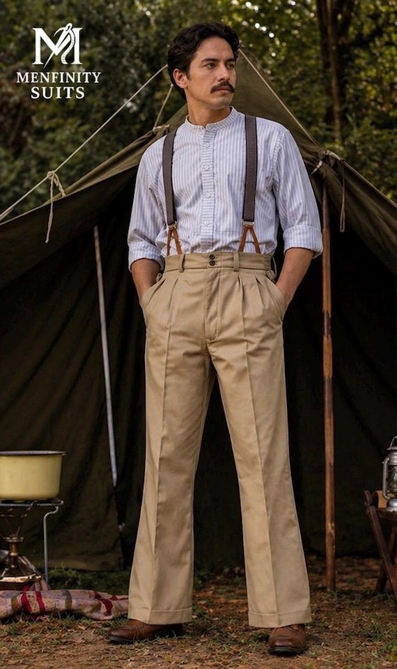 high waisted dress pants with suspenders Vintage 1930s Inspired High-waisted Men's Trousers | Pleated Gurkha Style | Retro Wide Leg Suspender Pants | Old Money Gentleman Style LBD with collar