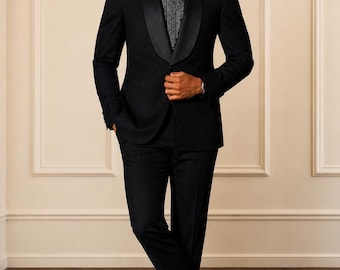 Luxury Black Tuxedo for Men | Satin Shawl Lapel Wedding Suit | Classic Black Formal Dinner Jacket Set | Groomsmen Prom Suit