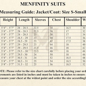 以下が含まれることがあります： MENFINITY SUITS Measuring Guide: Jacket/Coat: Size S-Smallと題された白黒のサイズ表。表には34Sから56Sまでのサイズが記載されており、身長、着丈、袖丈、胸囲、肩幅、ウエスト/腹囲のインチ単位の測定値が示されています。