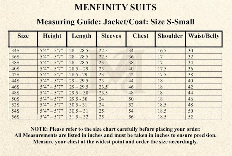 以下が含まれることがあります： MENFINITY SUITS Measuring Guide: Jacket/Coat: Size S-Smallと題された白黒のサイズ表。表には34Sから56Sまでのサイズが記載されており、身長、着丈、袖丈、胸囲、肩幅、ウエスト/腹囲のインチ単位の測定値が示されています。