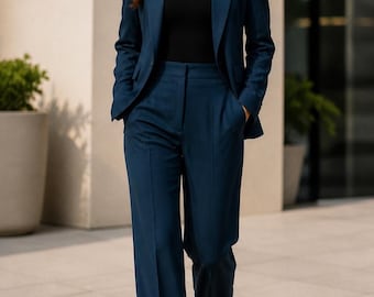 Women’s Navy Blue 2 Piece Suit | Office Blazer & Wide Leg Pants | Elegant Business Suit | Formal Workwear | Slim Fit Suit