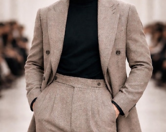 Traje de caballero de lujo de los años 90, color beige, con doble botonadura y estampado de espiga / Traje de corte ajustado para hombre, traje de boda, edición Modern Gentleman.