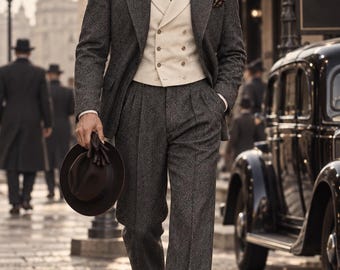 Men's Vintage Grey herringbone Tweed 3 Piece Suit: Peaky Blinders Style 90s Wool Suit | British Style Retro Suit | Ivory Vest Suit