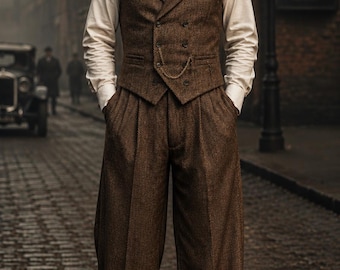 Gatsby Brown Herringbone Tweed Double-Breasted Waistcoat & Trousers – Vintage 1920s Peaky Blinders Style | classic 1920s–1930s tailoring