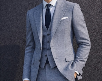 Men's Light Blue 3-Piece Herringbone Suit – Custom Slim Fit Formal Suit with Blazer Vest Pants