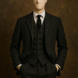 May include: A dark gray three-piece suit with a matching cap, white dress shirt, and black tie. The suit includes a blazer, vest, and trousers. The image also displays the text "MENFINITY SUITS".