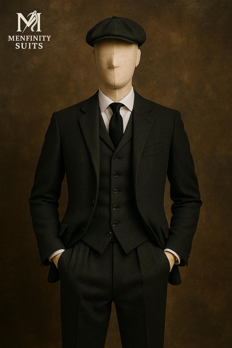 May include: A dark gray three-piece suit with a matching cap, white dress shirt, and black tie. The suit includes a blazer, vest, and trousers. The image also displays the text "MENFINITY SUITS".