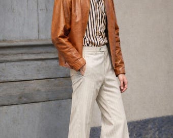 Men’s 70s Vintage Ivory Pinstripe Trousers Outfit | Retro Style | Classic Wide Leg Pants | Old Money Aesthetic