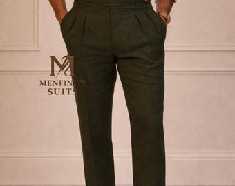 Olive Green Pleated Linen Pants for Men | High Waist Gurkha Trousers | Vintage 90s Style Folded Hem Pants | Summer Formal Casual Wear