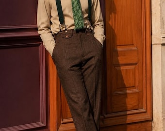 Men's Brown Herringbone Wool Tweed Gurkha Pants – High-Waisted Pleated Trousers | Vinatage 1930s Inspired Pants | Suspenders Trousers