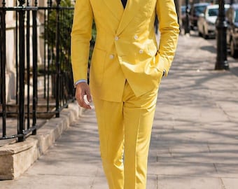 Men’s Yellow Summer Linen Suit – Tailored Double Breasted Formal Suit     Premium Linen Tailored Set Elegant Slim Fit Occasion Wear
