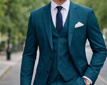 Men's Teal Blue Slim Fit Suit: Custom Tailored Three-Piece Wedding Suit