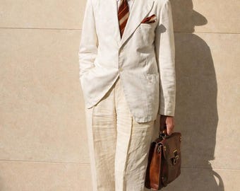 Ivory Linen Suit for Men | Vintage 90s Style Summer Suit | Lightweight Cream Blazer & Trousers | Classic Gentleman Outfit | Wedding