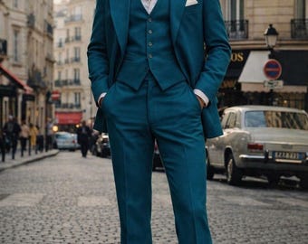 Vintage 70s Teal Blue Flared Suit: Wide Lapel Blazer Men's Suit | Retro Disco Style Tailored Outfit | Classic 1970s Fashion Vintage 70s Suit