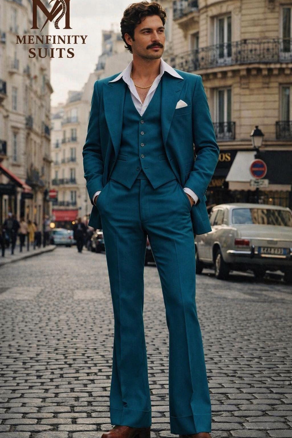 【70s】ビンテージ ファッション・スーツ 総柄 レトロ セットアップ 超希少！ Vintage 70s Teal Blue Flared Suit: Wide Lapel Blazer Men's Suit