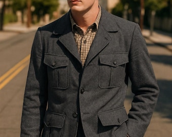 Vintage Safari 1920s Style Suit for Men | Classic 4-Pocket Jacket & Trouser | Retro Charcoal Grey Suit
