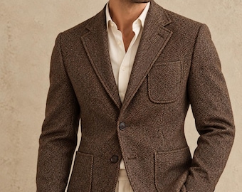Gatsby brun fiskbensmönstrad tweedkavaj – vintage 1920-tals Peaky Blinders-stil | klassisk skrädderi från 1920- och 1930-tal