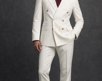 Traje de hombre color crema a rayas, traje cruzado, traje de estilo vintage, traje de dos piezas para hombre, traje de boda, traje formal de novio, traje retro de los 90.