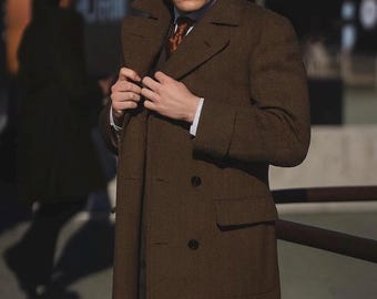 Abrigo largo de lana marrón con estampado de espiga para hombre / Abrigo de invierno de estilo vintage / Abrigo formal clásico para hombre. Colección de lana premium.
