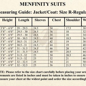 May include: A size chart for Menfinity Suits, detailing jacket/coat measurements. The chart includes sizes, heights, lengths (29-32.5 inches), sleeve lengths (24.5-25 inches), chest sizes (34-56 inches), shoulder widths (17.5-21.5 inches), and waist/belly measurements (30-52 inches).