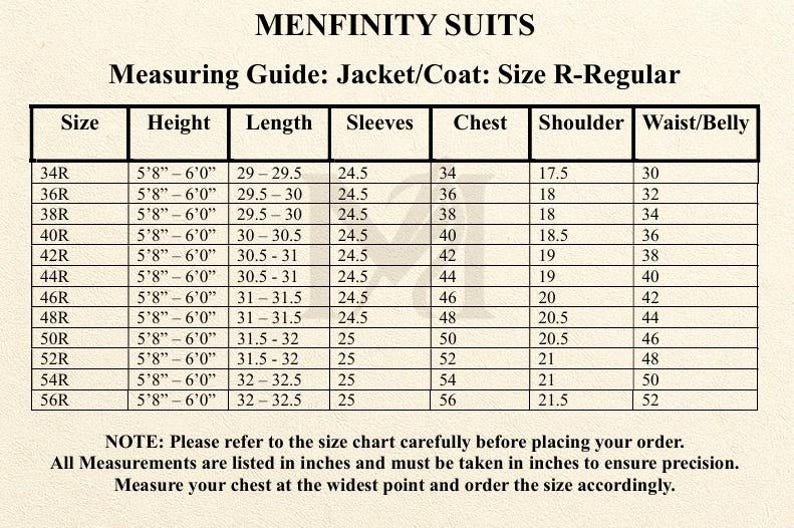May include: A size chart for Menfinity Suits, detailing jacket/coat measurements. The chart includes sizes, heights, lengths (29-32.5 inches), sleeve lengths (24.5-25 inches), chest sizes (34-56 inches), shoulder widths (17.5-21.5 inches), and waist/belly measurements (30-52 inches).