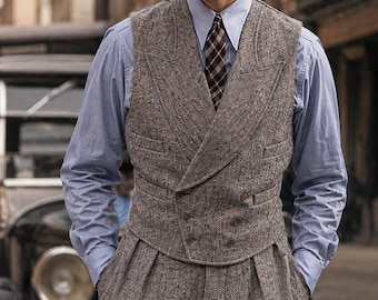 Men’s Grey Herringbone Tweed Double-Breasted Waistcoat & Trousers – Vintage 1920s Peaky Blinders Style | classic 1920s–1930s tailoring