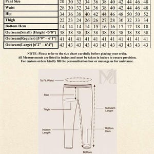 May include: A detailed size chart for trousers/pants, including waist, hip, thigh, and bottom hem measurements in inches. The chart also provides outseam measurements for different heights, and a diagram illustrating key pant measurements.