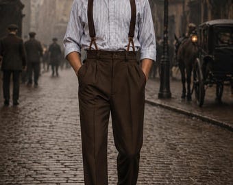 Pantalones de hombre de talle alto inspirados en la década de 1940 / Pantalones plisados estilo Gurkha / Pantalones retro de pierna ancha con tirantes / Estilo caballero de la vieja aristocracia