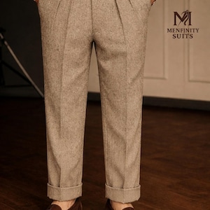 Men's Beige Wool Tweed Tailored Fit Gurkha Pants – High-Waisted Pleated Trousers 1920s style