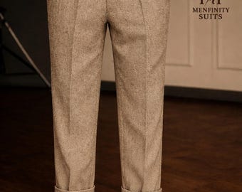 Men's Beige Wool Tweed Tailored Fit Gurkha Pants – High-Waisted Pleated Trousers