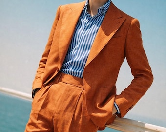 Men's Luxury Summer Orange Linen Suit, Lightweight Summer Wedding, Beach, Grooms, Casual 2-Piece