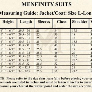 May include: A size chart for Menfinity Suits jackets and coats, size L-Long, with measurements in inches. The chart includes sizes 34L to 56L, detailing height, length, sleeves, chest, shoulder, and waist/belly measurements. Text at the bottom advises careful size selection.