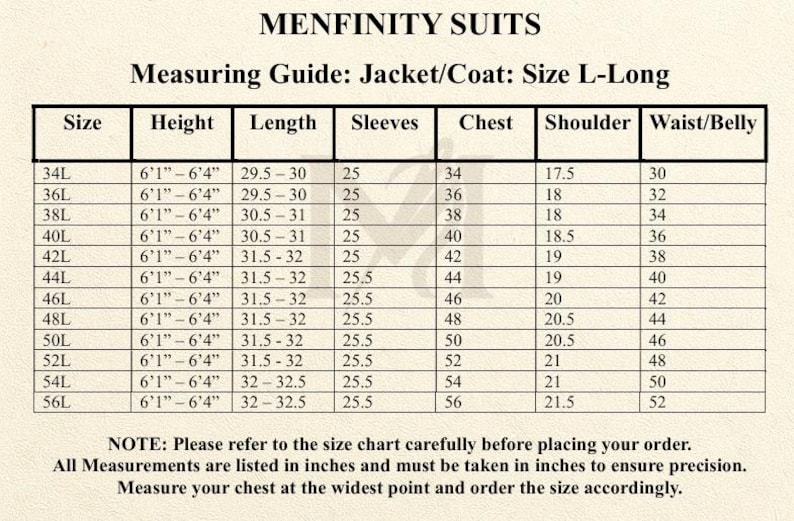 May include: A size chart for Menfinity Suits jackets and coats, size L-Long, with measurements in inches. The chart includes sizes 34L to 56L, detailing height, length, sleeves, chest, shoulder, and waist/belly measurements. Text at the bottom advises careful size selection.