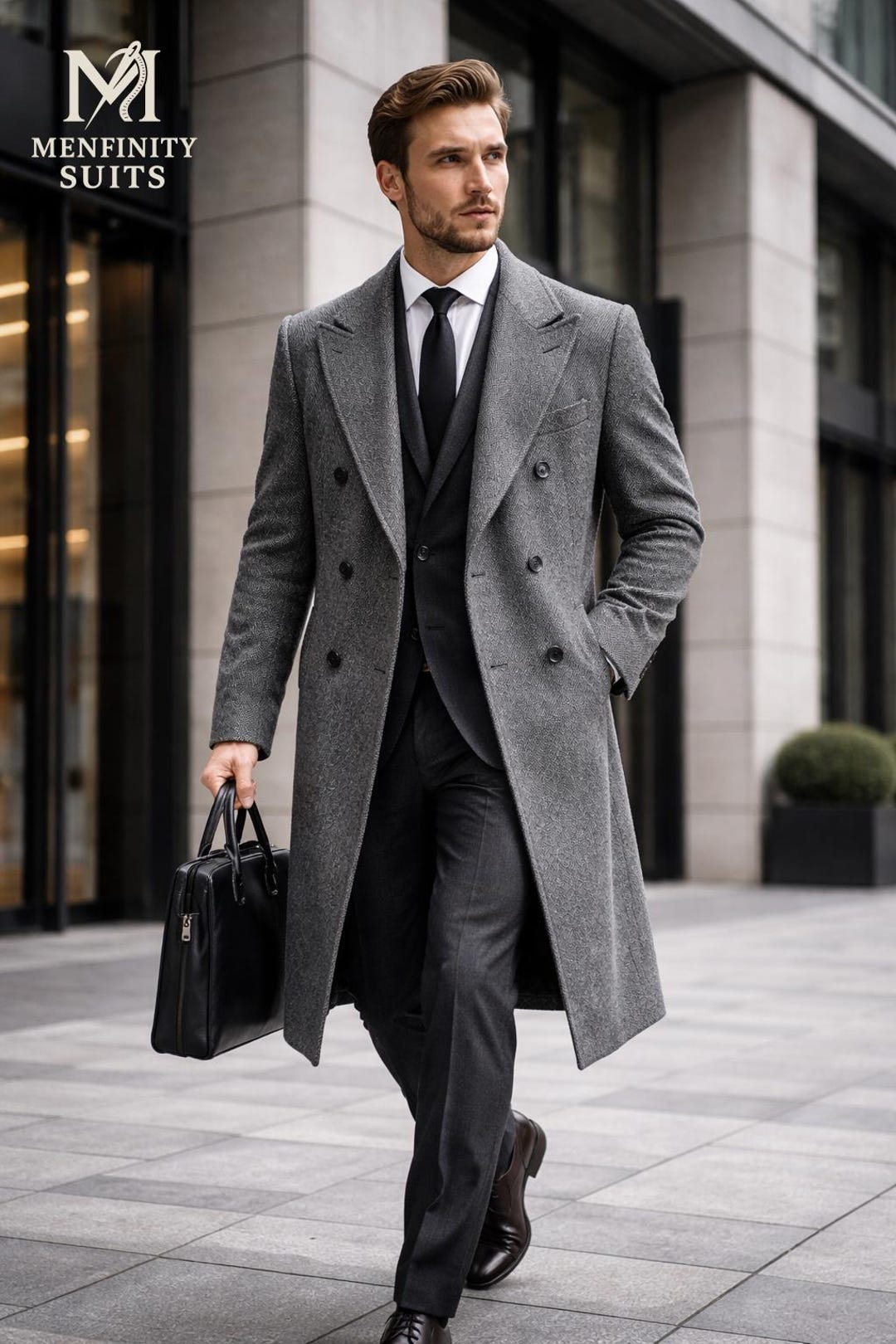 Men's Grey Wool Double-breasted Overcoat: Tailored Long Winter Trench Coat