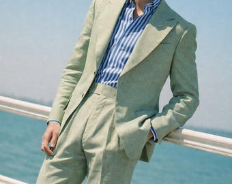 Men’s Sage Green Linen Suit | Summer Wedding Suit | Formal Lightweight Suit for Men | Tailored 2 Piece Suit