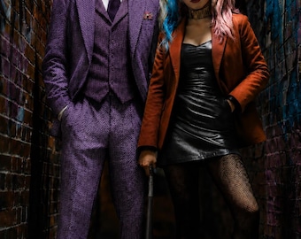 Purple Herringbone 3 Piece Suit for Men | Halloween Theme Party | Joker Inspired Outfit | Peaky Blinders Style 1920s Wedding Suits.