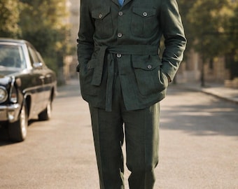 Olivgrüner Safari-Anzug aus den 1920er Jahren für Herren | Vintage 90er Jahre Style Leinenanzug | Jacke & Hose im Set | Retro Maßgeschneiderte Sommeranzug