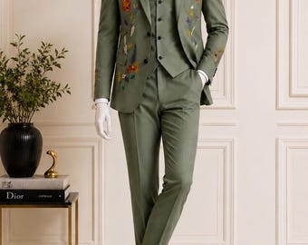 Men’s Sage Green Floral Embroidered Suit |3 Piece Wedding Suit, Botanical Tuxedo, Prom Suit, Groom Suit, Custom Tailored reception suit mens