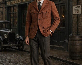 Vintage 1920s Tweed Wool Safari Jacket for Men | Peaky Blinders Style | orange  Herringbone Blazer | Retro Gentlemen Style mafia jacket