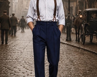 Pantalones de hombre de talle alto inspirados en la década de 1940 / Pantalones plisados estilo Gurkha / Pantalones retro de pierna ancha con tirantes / Estilo caballero de la vieja aristocracia