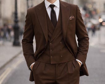 Men’s 90s Brown Three Piece Suit | Luxury Tailored Wedding Suit for Groom | Classic Formal Business Suit