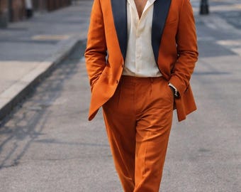 Burnt Orange Men’s Suit with Satin Lapel | Retro 90s Style Wedding Suit | Street Style Groom Suit | Custom Tailored Prom Outfit