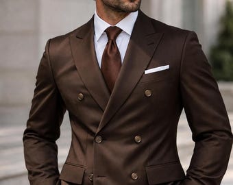 Luxury Chocolate Brown Double Breasted Suit for Men | Custom 2 Piece Wedding Suit | Slim Fit Formal Suit | Groomsmen Outfit