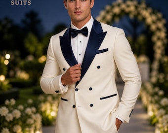 Luxury Ivory Tuxedo for Men | Double Breasted Navy Blue Satin Lapel Suit | Groom Wedding Suit | Formal Prom Tuxedo