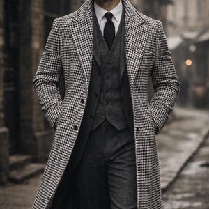 Vintage Houndstooth Tweed Wool Overcoat | Retro Style Men’s Winter Long Coat | Unisex Handmade 1920s Designer Coat