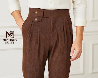 Pantalones Gurkha vintage de pana marrón – Pantalones plisados de talle alto