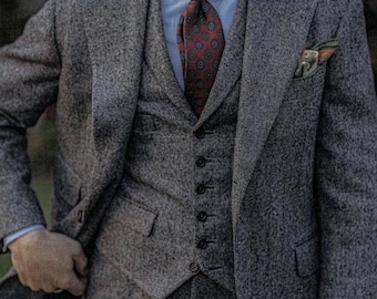 Men's 90s Vintage Grey herringbone Tweed Suit: Peaky Blinders Style 90s Wool Suit | British Style Retro Suit | Winter Suits